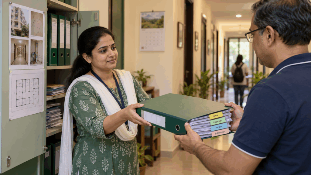 MCD Structural Safety Certificate, MCD Structural Safety Certificate for PGs: 15-Day Guide, Rentok A property manager gives the owner a binder with separate sections for notices, inspections, repairs and submissions.