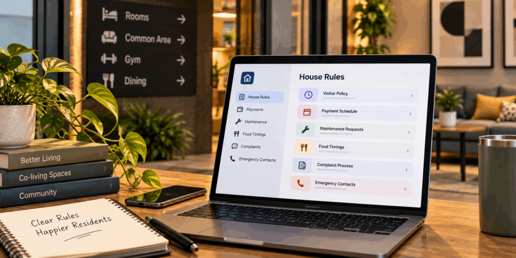 Digital house rules dashboard for PG and co-living properties showing visitor policies, payment schedules, maintenance, food timings, complaints, and emergency contacts.