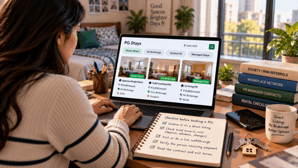 Woman searching for brokerage-free PG accommodation online, comparing owner-direct listings, verified PGs and managed rental properties in Delhi NCR while checking rental costs, direct booking options and move-in requirements.