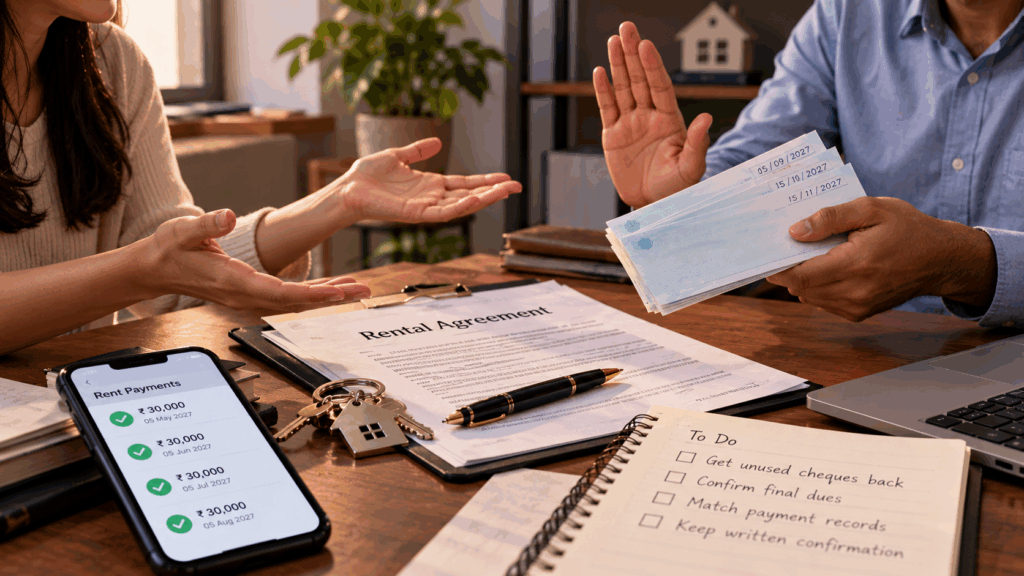 Tenant and landlord disputing unused post-dated cheques, with rental agreement, rent payment records, and cheque return concerns.