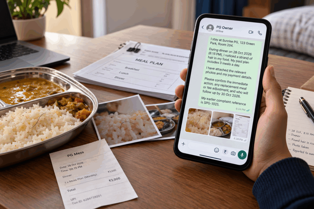 Bad Food in PG, Bad Food in Your PG? Your Rights and How to Complain, Rentok PG resident documenting a food quality complaint by sending photos and payment details to the PG owner through WhatsApp, highlighting the importance of written complaints and evidence when reporting poor food hygiene in paying guest accommodation.