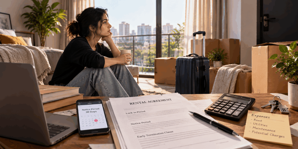 Tenant reviewing a rental agreement before moving out early, with moving boxes, keys, a calculator, and notice-period details illustrating potential penalties for breaking a rental agreement early.