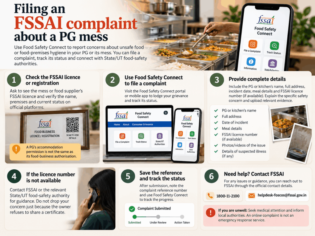 Bad Food in PG, Bad Food in Your PG? Your Rights and How to Complain, Rentok Infographic explaining when moving out of a PG becomes the sensible option due to unresolved safety concerns, ignored complaints or poor mess food quality, covering PG agreement checks, written move-out notice, security deposit settlement, room inspection, key handover and preserving complaint records.