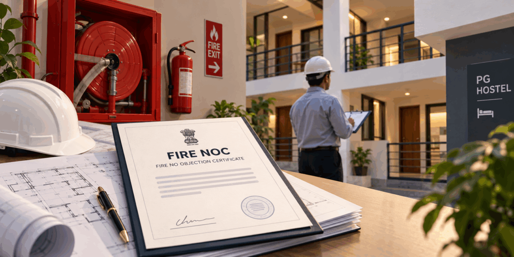 Fire NOC for PG hostels in India, showing a fire safety inspection, certificate, building plans, fire extinguisher and hose reel in a modern paying guest accommodation.