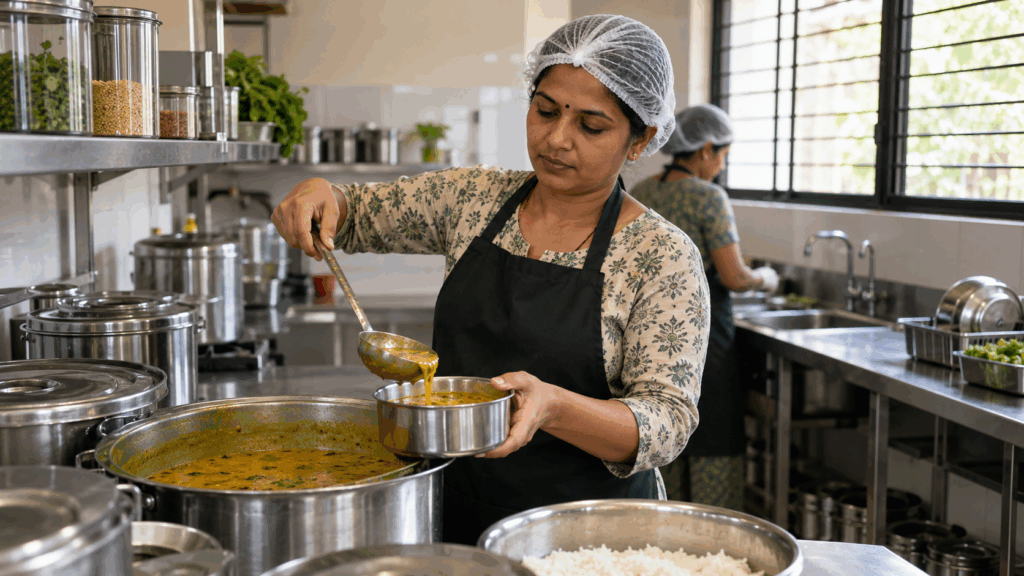 Bengaluru PG Rules, Bengaluru PG Rules: 7 Things Every Owner Must Know, Rentok Cook handling freshly prepared food with clean utensils in a Bengaluru PG kitchen.
