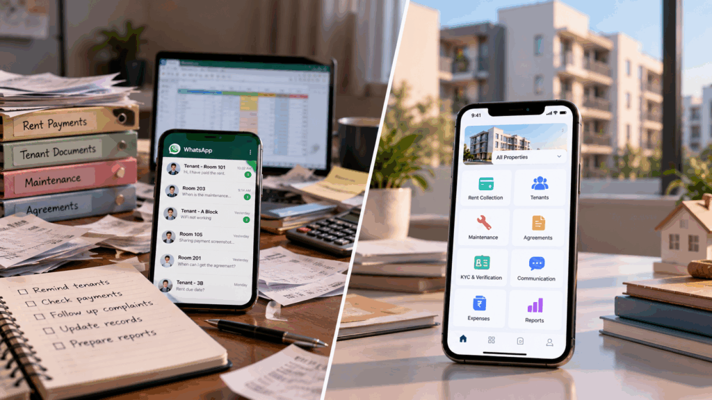 Landlord app dashboard showing rent collection, tenant management, maintenance, agreements, KYC, communication, expenses, and reports.
