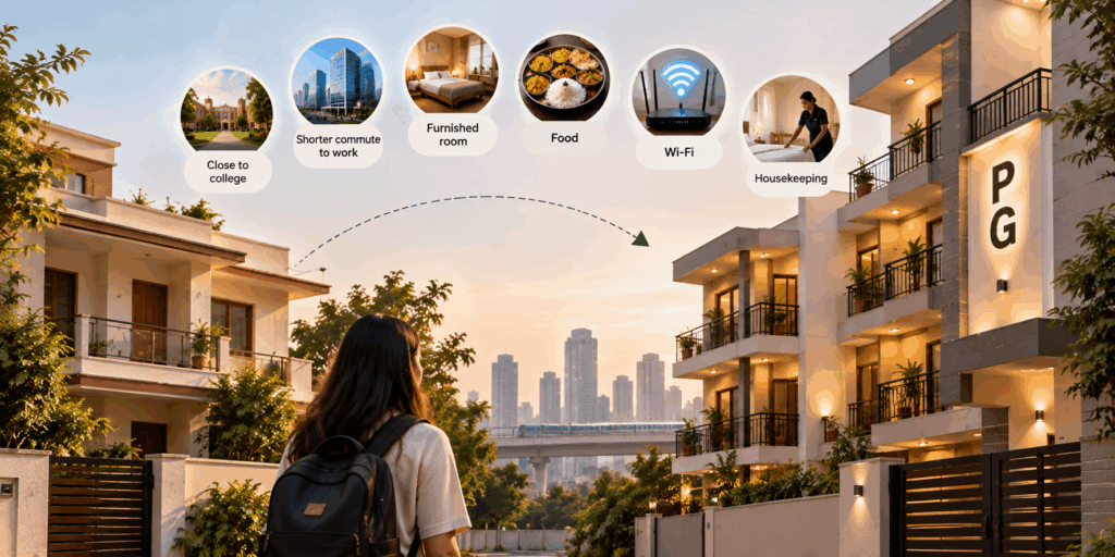 Delhi-NCR residential neighbourhood with family homes and a PG building attracting students and young professionals seeking convenient housing.