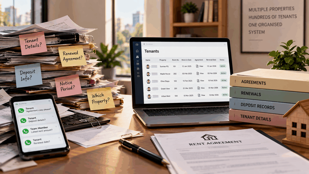 Rent agreement management for landlords showing organised tenant records, renewals, deposits, and property details in one system.