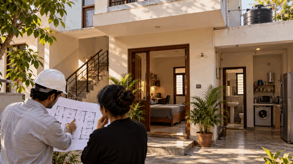 Family Home Into a PG, Converting Your Family Home Into a PG: Legal, Layout and Payback Checklist, Rentok Architect assessing a house layout for PG conversion, reviewing bedroom space, bathroom facilities, staircase access, laundry and essential utilities to determine suitable resident capacity.