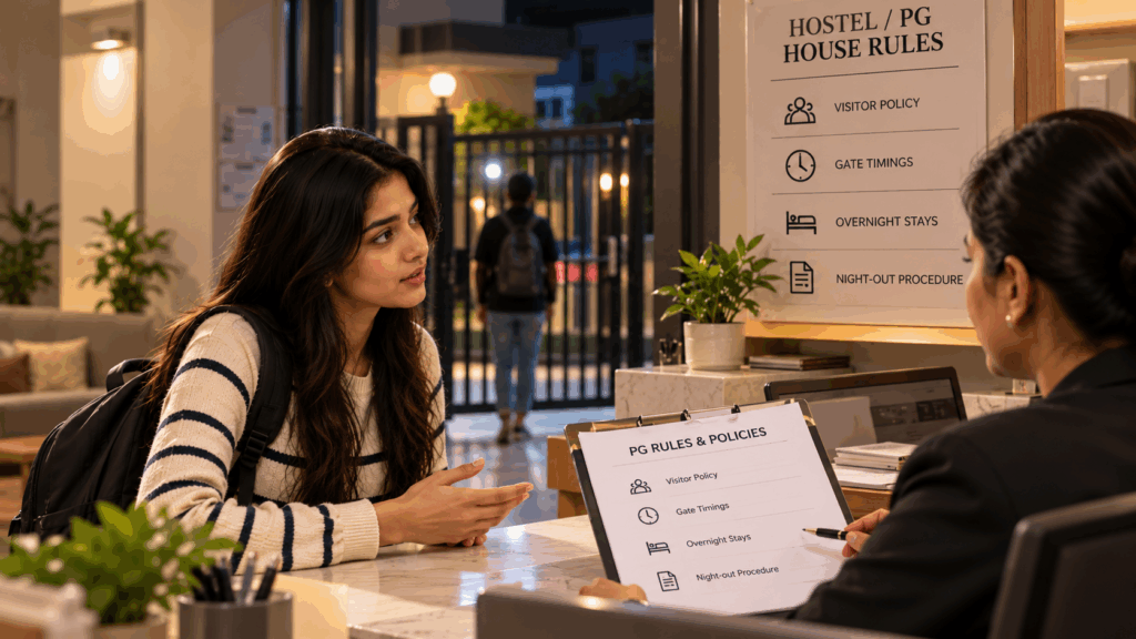 Student discussing PG and hostel visitor policies, gate timings, overnight stays and night-out procedures with the warden at a hostel reception before moving in.