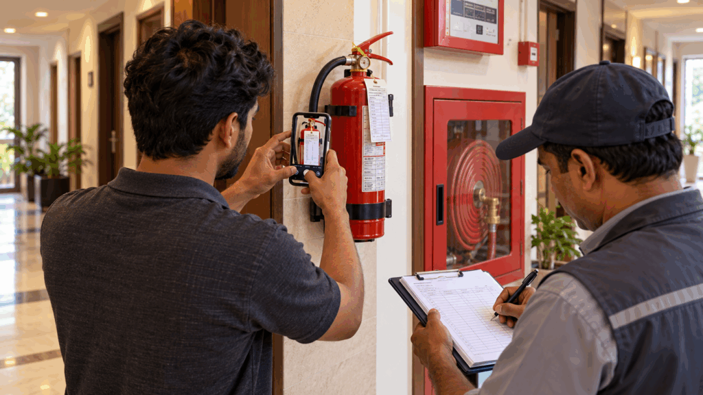 Caretaker photographing a hostel extinguisher service tag while a technician updates the maintenance log. 