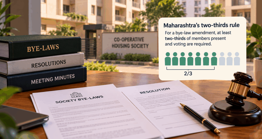 Housing society bye-laws and PG rental restrictions in India, illustrating Maharashtra&rsquo;s two-thirds voting rule for co-operative housing society bye-law amendments under Rule 12.