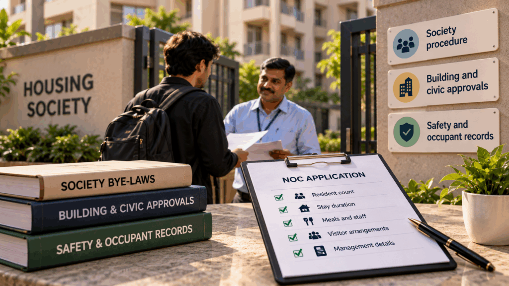 Society NOC for running a PG in India, showing housing society bye-laws, building and civic approvals, fire safety requirements, occupant records and documents to verify before operating paying guest accommodation.