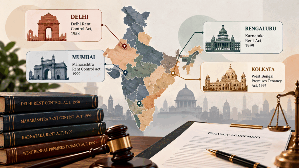 Indian cities under older rent-control laws, including Delhi, Mumbai, Bengaluru and Kolkata, shown on a map with their respective tenancy acts.