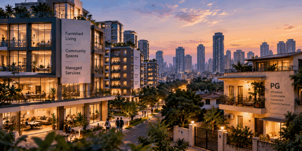Co-living buildings and independent PG accommodations in an Indian city, illustrating the growth of India's co-living market and rising demand for organised shared housing.