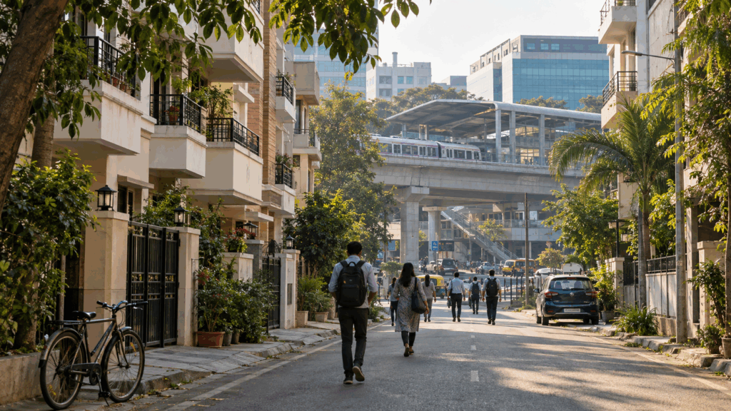 A residential street near a metro station and office buildings illustrates how transport access can affect PG location choices.