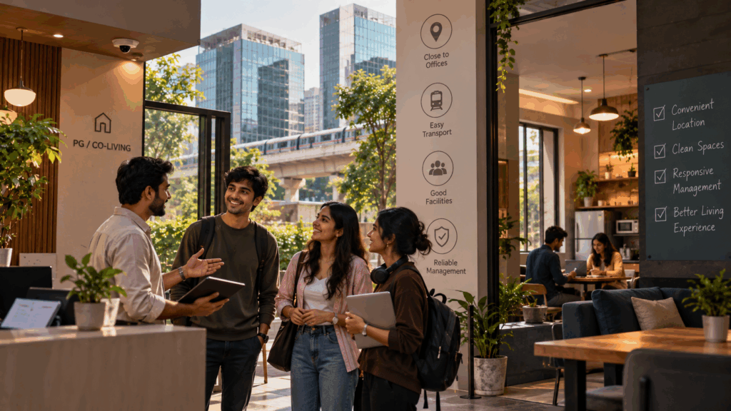 PG and co-living property manager welcoming tenants to a modern accommodation near Gurgaon offices and public transport, highlighting location convenience, clean facilities and tenant satisfaction.