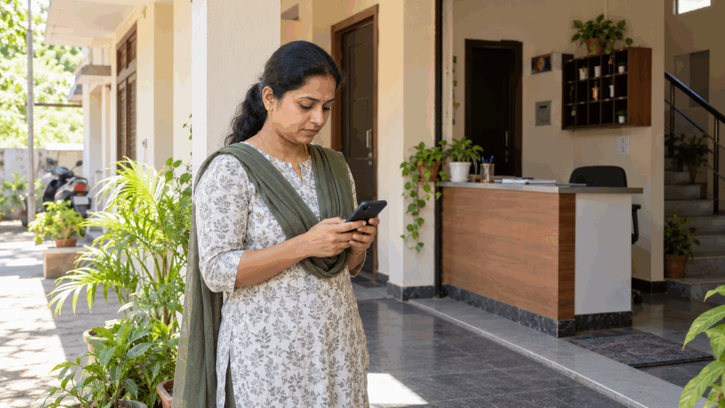 Answer PG Enquiries, How to Answer PG Enquiries at 2 AM Without Hiring a Manager, Rentok A PG staff member reviewing an enquiry on a phone during a morning walkthrough near the property’s reception.