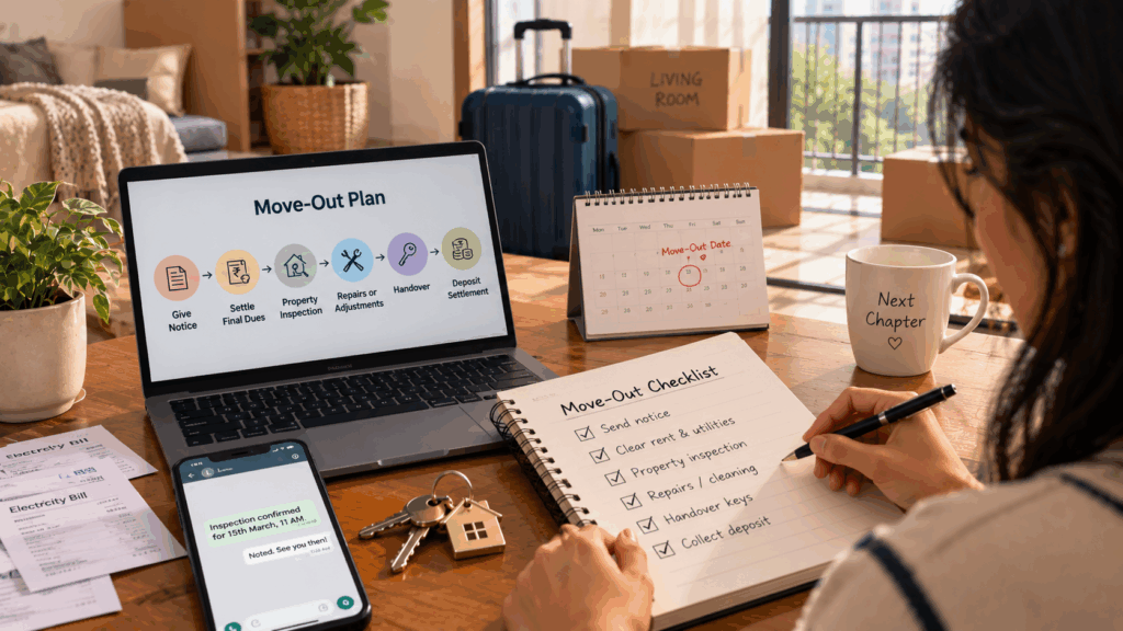 Tenant planning a rented flat move-out with a checklist for notice, final dues, property inspection, repairs, key handover, and security deposit settlement.