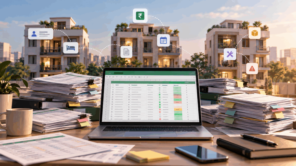 PG property management with spreadsheet showing tenant, payment, room, and expense data across multiple properties.