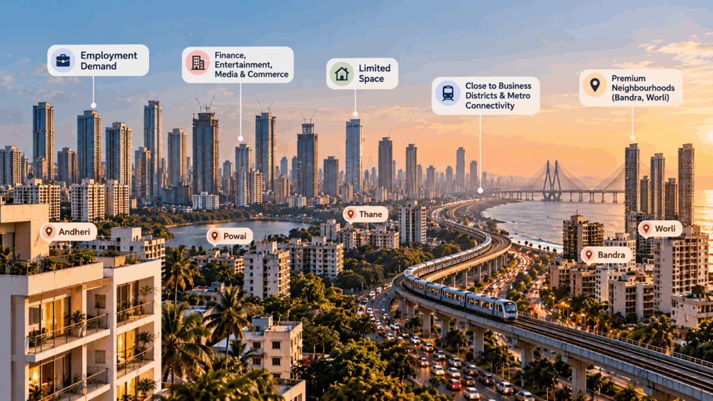 Highest Rent, Mumbai Has the Highest Rent, but Is It the Best City to Live In?, Rentok Mumbai rental market showing high-rise apartments, dense city development, and metro connectivity near premium neighbourhoods such as Bandra and Worli.