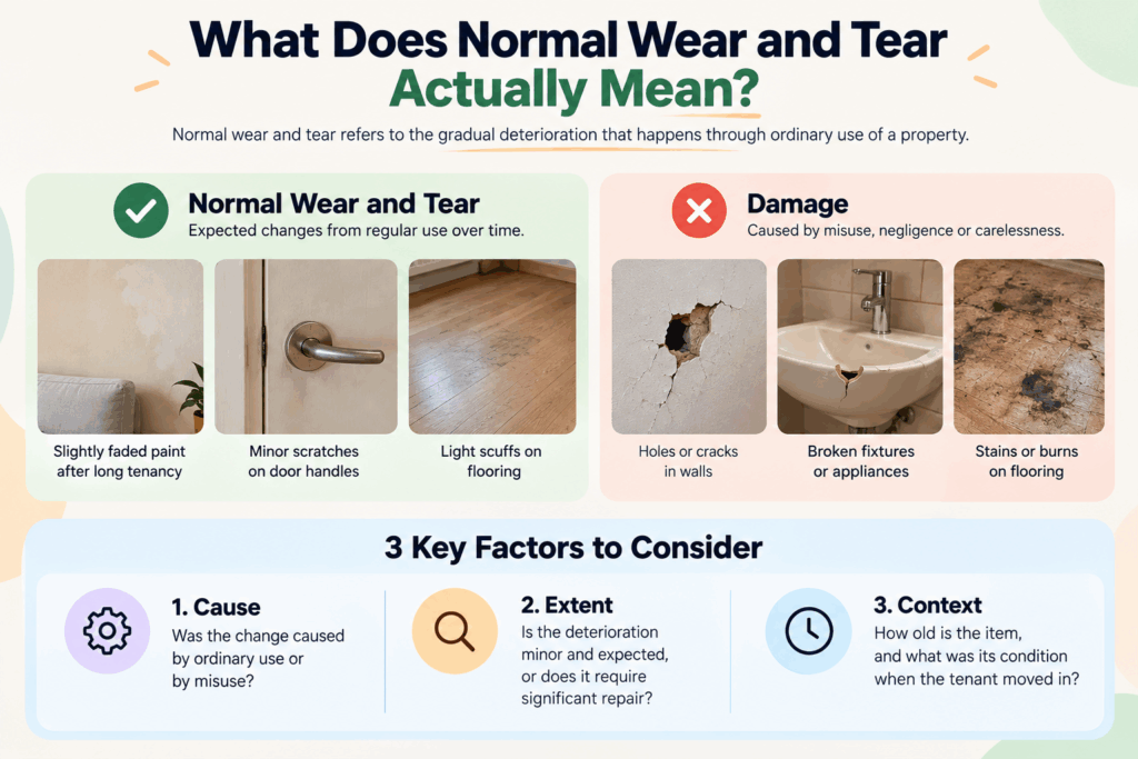 Infographic comparing normal wear and tear with property damage, showing cause, extent, and context as key factors.