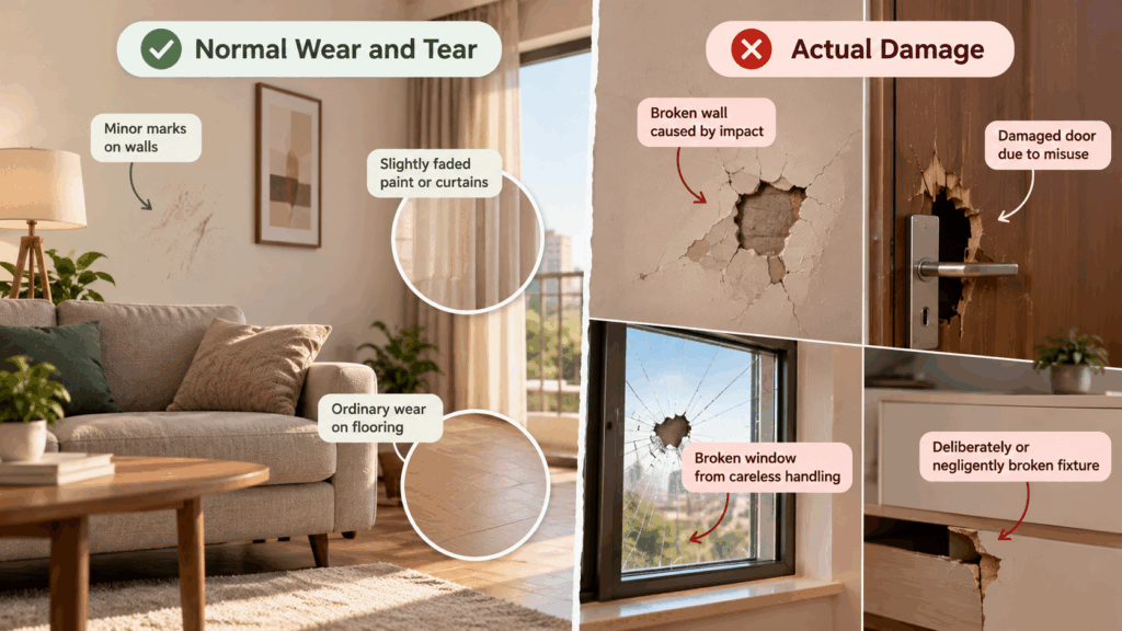 Security Deposit, How Much of My Security Deposit Is Actually Refundable?, Rentok Comparison of normal wear and tear and actual damage in a rental property, showing minor wall marks and faded curtains versus a broken wall, damaged door, and cracked window.