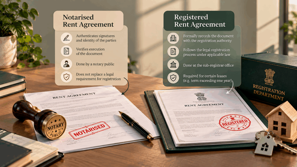 Notarised vs registered rent agreement showing key differences in authentication and legal registration in India.