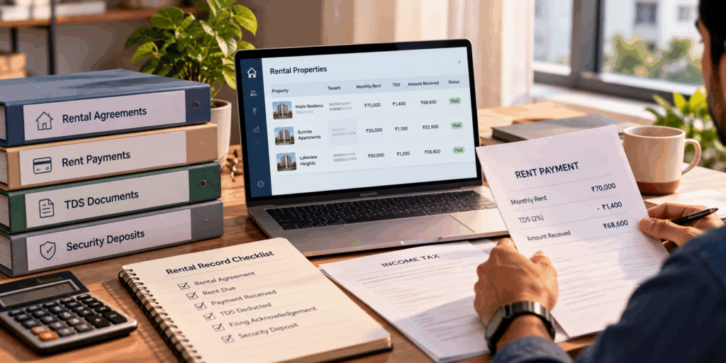 Deduct TDS on Rent, When Do I Need to Deduct TDS on Rent I’m Receiving?, Rentok Organising rental and TDS records using property management software, with rental agreements, rent payment statements, TDS documents, security deposit records, and a rental record checklist.