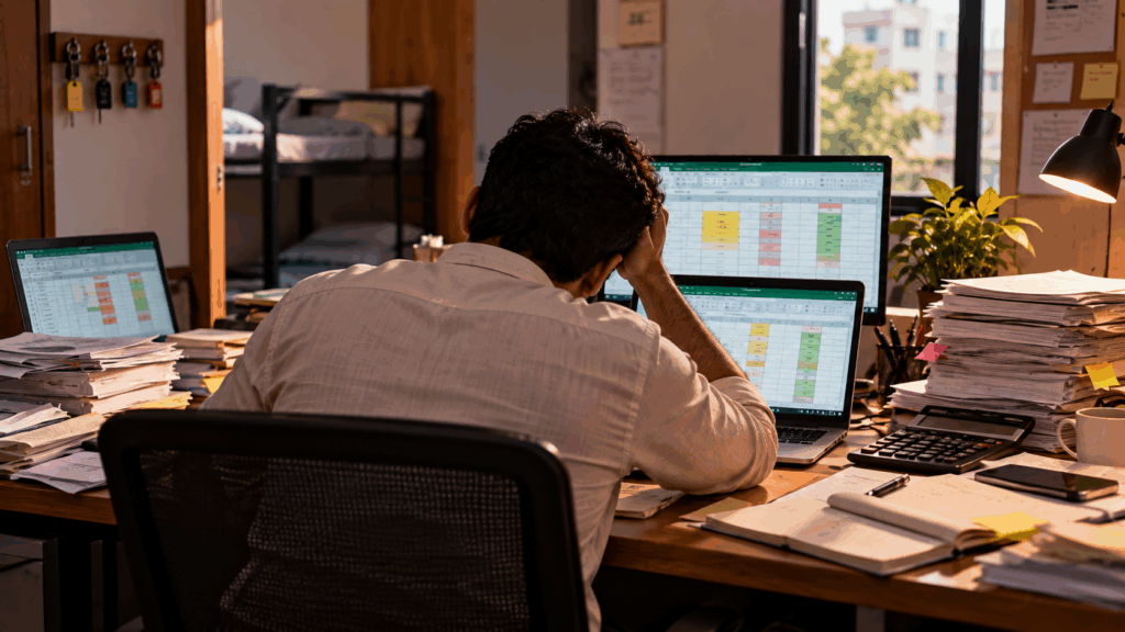 PG owner managing multiple Excel spreadsheets for property operations at a busy desk
