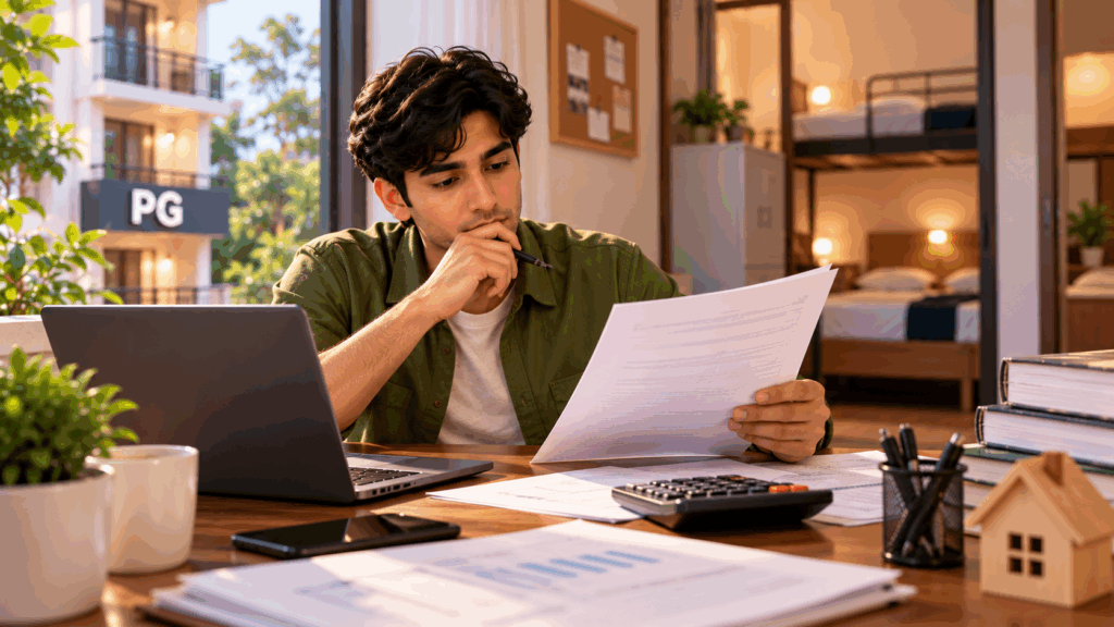 PG business owner reviewing financial documents and tax calculations for presumptive taxation under Section 44AD in India.