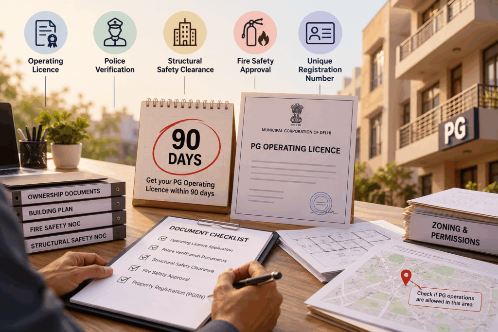 Delhi PG Bill, Delhi PG Bill Explained: Licence, Deposit Cap, Rent Bands and the GovPG Portal, Rentok Delhi PG operating licence requirements infographic showing the 90-day licensing deadline, police verification, structural safety clearance, fire safety approval, property registration, ownership documents, and zoning permissions for PG owners.