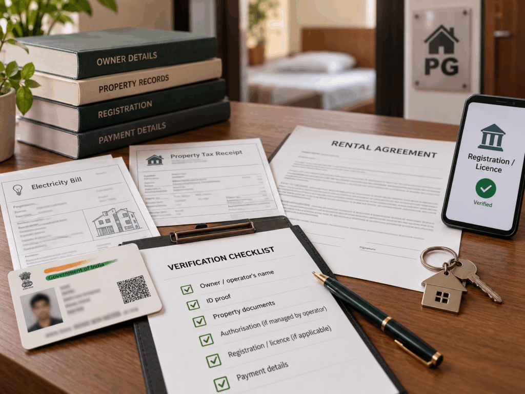 Documents and checklist for verifying a PG owner's identity, property ownership, registration, authorisation and payment details before renting a paying guest accommodation.