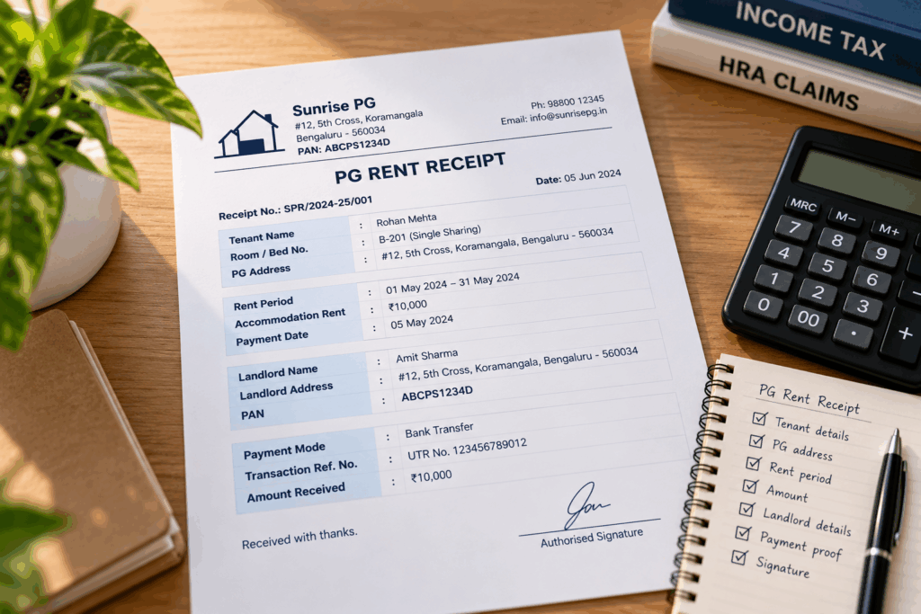 PG rent receipt sample showing tenant details, landlord PAN, rent period, accommodation rent amount, payment method, transaction reference and authorised signature for HRA documentation in India.