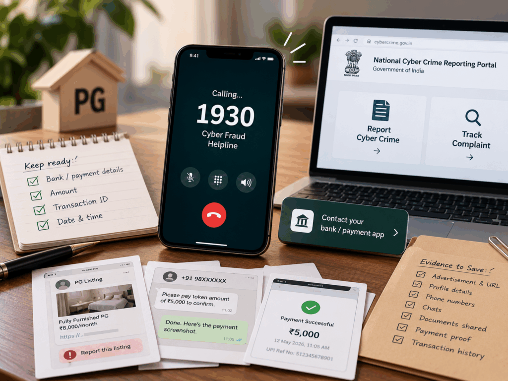 Steps to report PG token money fraud in India, including calling the 1930 cybercrime helpline, filing a complaint on the National Cyber Crime Reporting Portal, contacting the bank and preserving payment and chat evidence.