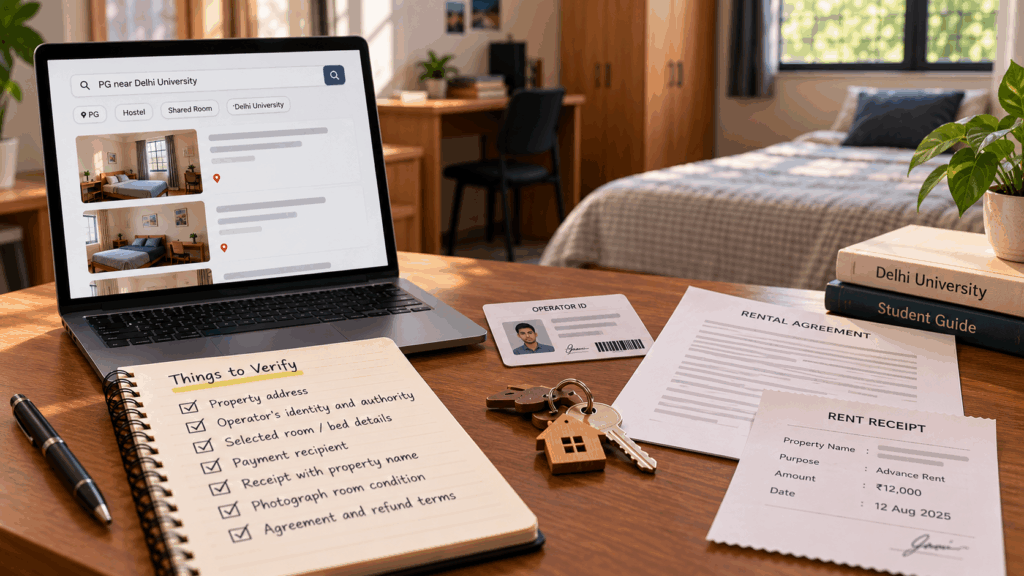 Student verifying a PG rental listing with an operator ID, rental agreement, payment receipt, property details, and room inspection checklist before paying.