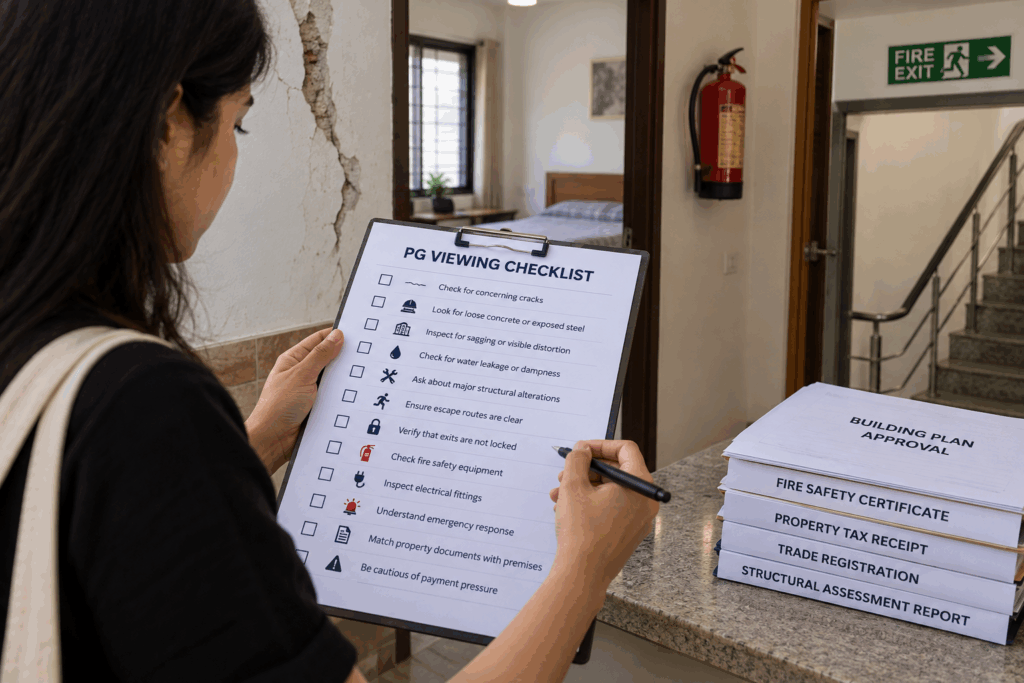PG room inspection checklist covering structural cracks, exposed steel, dampness, fire exits, electrical safety, emergency procedures and property documents to verify before renting accommodation in India.