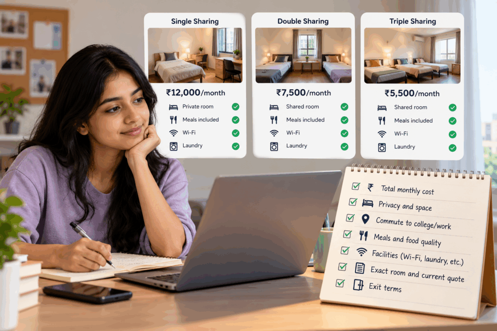 Comparing PG accommodation options in India by monthly rent, room sharing, meals, amenities, privacy, and commute to find the best paying guest accommodation.