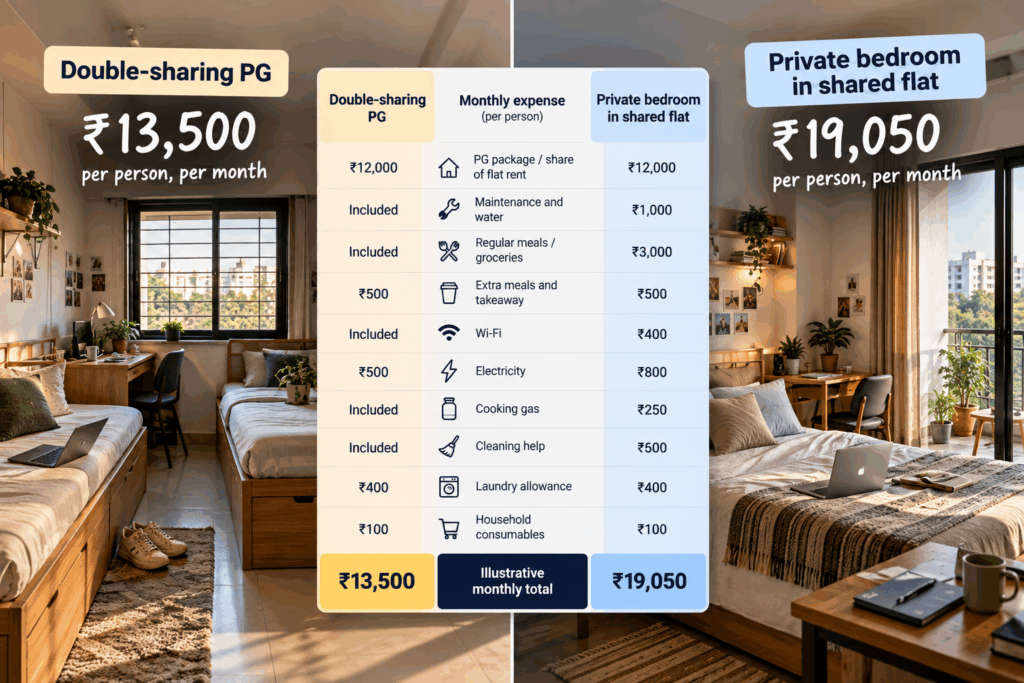 Monthly cost comparison of a double-sharing PG at ₹13,500 and a private bedroom in a shared flat at ₹19,050, including rent, meals, utilities, Wi-Fi, electricity, cleaning and laundry expenses in India.