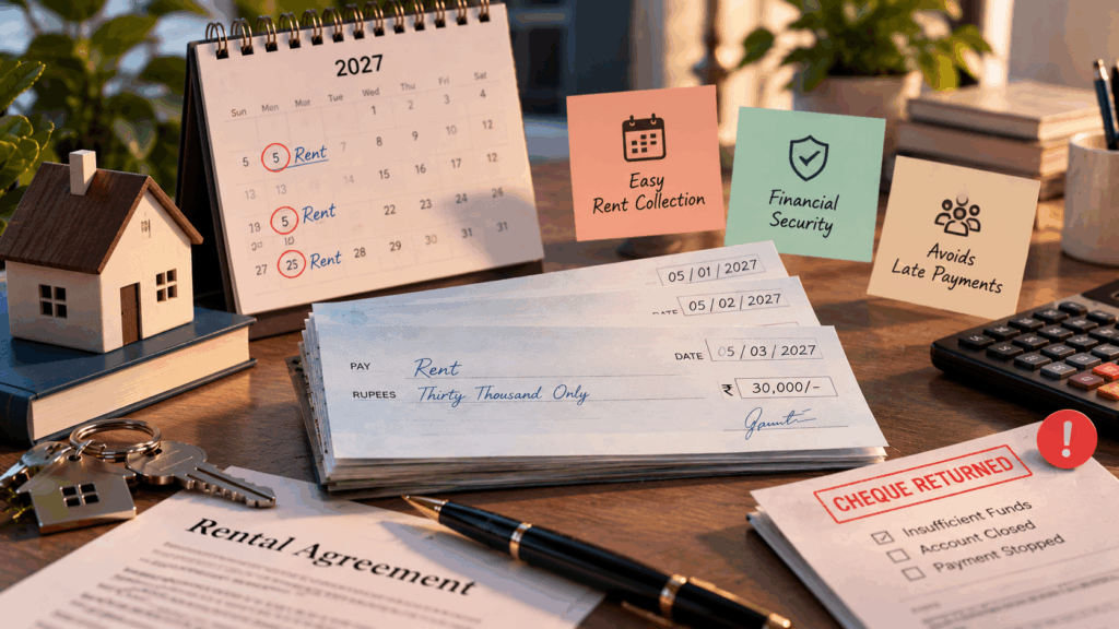 Post-dated cheques for rent collection, featuring dated cheques, a rental agreement, a payment calendar, and cheque bounce risks for landlords in India.