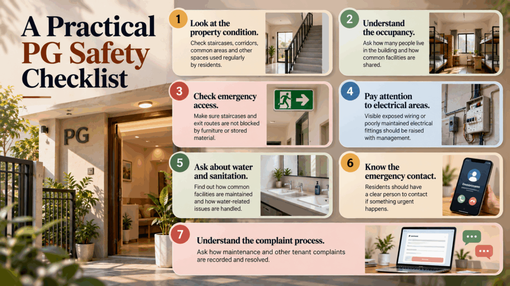 Practical PG safety checklist covering property condition, occupancy, emergency access, electrical safety, water and sanitation, emergency contacts, and tenant complaint procedures.
