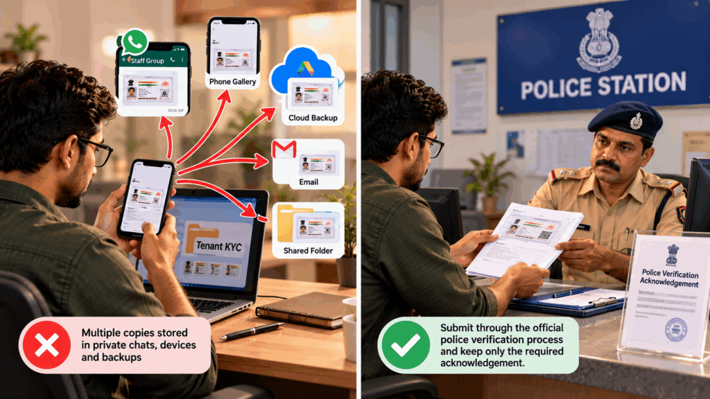 DPDP Act, DPDP Act for PG Owners: How to Store Tenant Aadhaar and KYC Legally, Rentok Tenant Aadhaar KYC documents shared across WhatsApp, phone galleries and cloud backups versus proper police verification through official channels for PG owners in India.