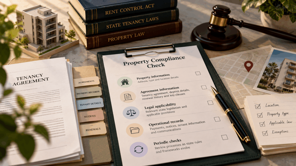 Property compliance checklist for checking applicable rent laws, tenancy agreements, legal requirements, records, and periodic compliance reviews in India.