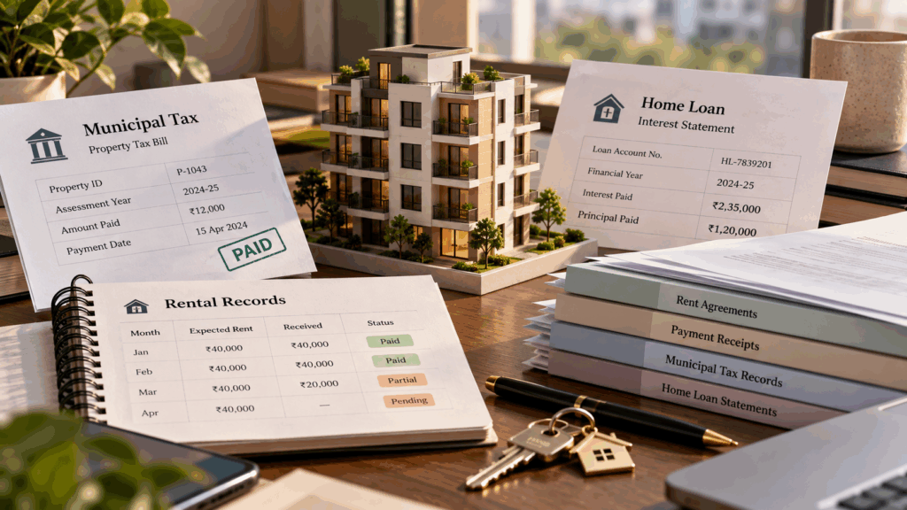 Report My Rental Income, How Do I Report My Rental Income Correctly in My ITR?, Rentok Municipal tax, home-loan interest, rental records, and property documents used to calculate income from house property.