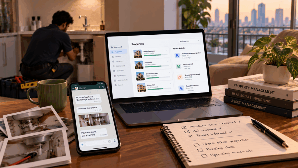 Remote property management setup showing a digital dashboard, maintenance updates, tenant communication, payment tracking, and property activity in one place.