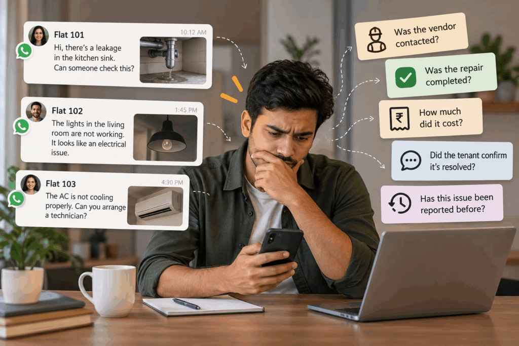 Property maintenance management for 3&ndash;4 flats showing tenant complaints, repair requests, vendor coordination, and tracking maintenance issues.