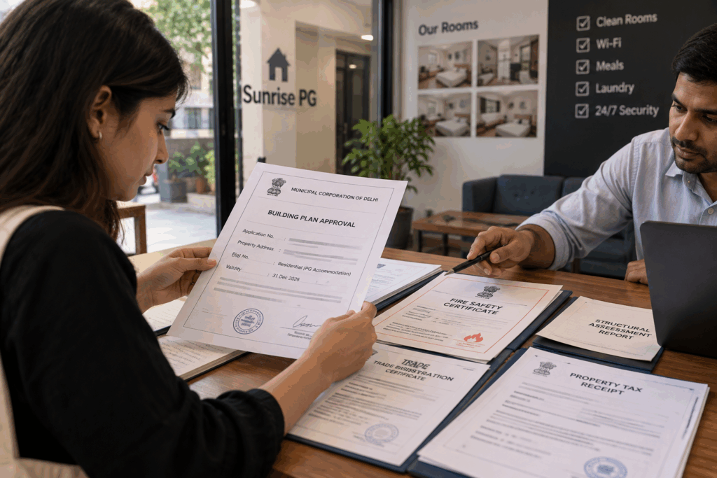 Verifying PG property documents, including building plan approval, fire safety certificate, structural assessment report, trade registration and property tax records before renting accommodation in India.