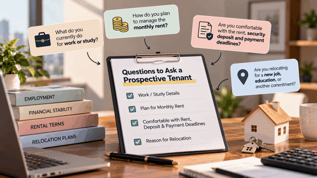 Tenant screening checklist with questions about employment, financial stability, rent payment, security deposit, and relocation plans for prospective tenants.