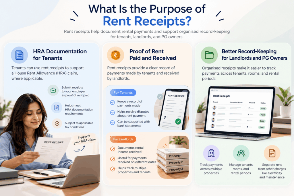 Rent Receipt Generator Apps, Best Rent Receipt Generator Apps for Landlords and Tenants, Rentok Purpose of rent receipts for HRA documentation, proof of rent paid and received, and organised record-keeping for landlords and PG owners.