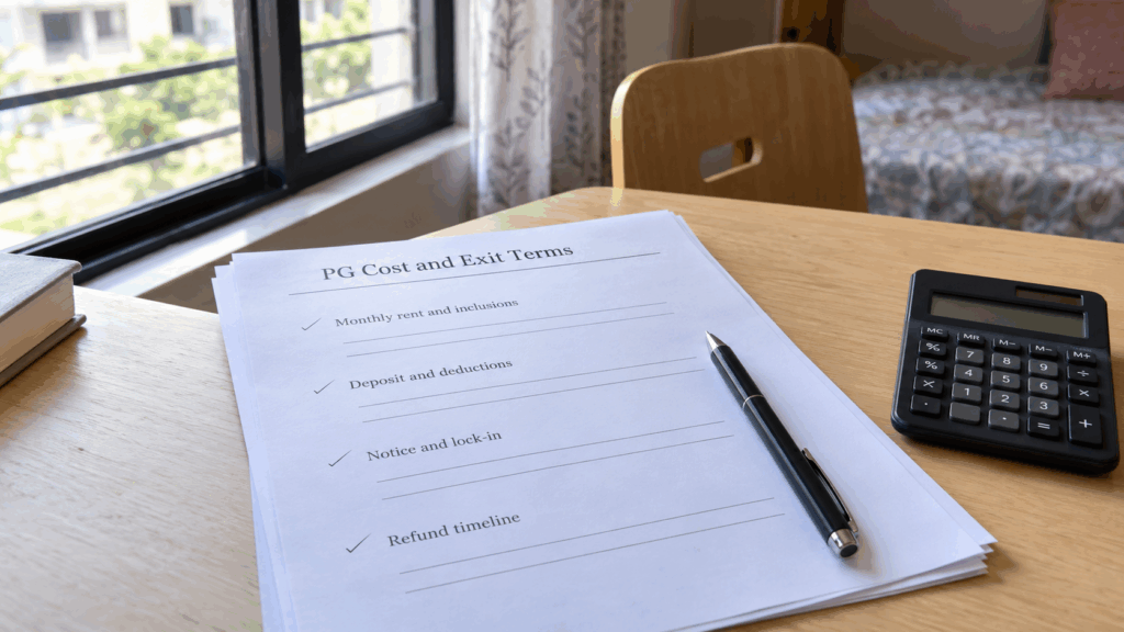 A close-up of a PG cost sheet and agreement on a table, with rent, deposit, notice and refund terms marked for review.